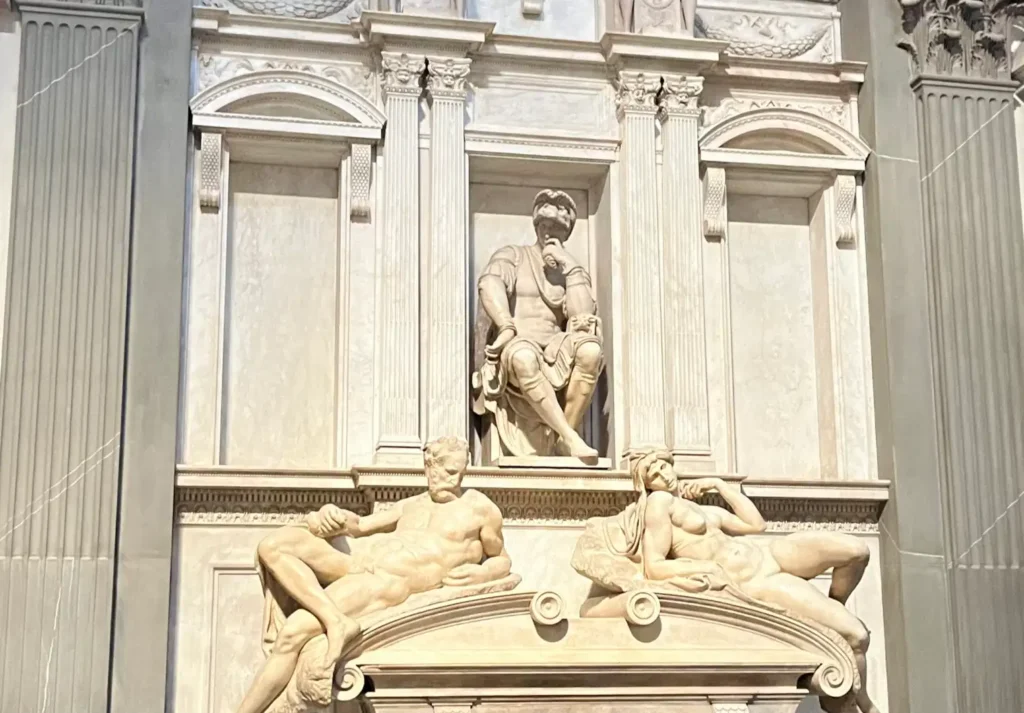 Tomb of Lorenzo de’ Medici with Michelangelo’s sculptures Dawn and Dusk in the Medici Chapels, Florence