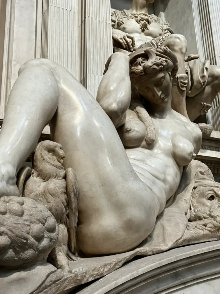 Night sculpture by Michelangelo on the tomb of Giuliano de’ Medici in the Medici Chapels, Florence