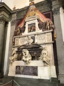Michelangelo’s Tomb – Santa Croce Basilica, Florence Michelangelo’s tomb in the Basilica of Santa Croce, Florence, designed by Giorgio Vasari with allegorical figures of Painting, Sculpture, and Architecture