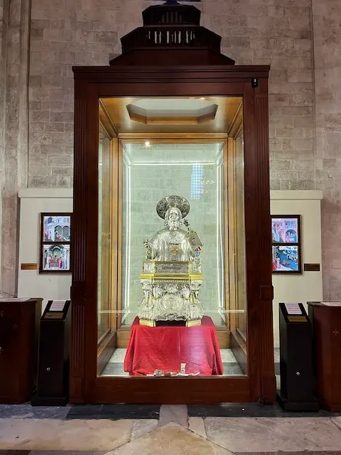 Silver bust reliquary of Saint Nicholas displayed inside Basilica di San Nicola in Bari